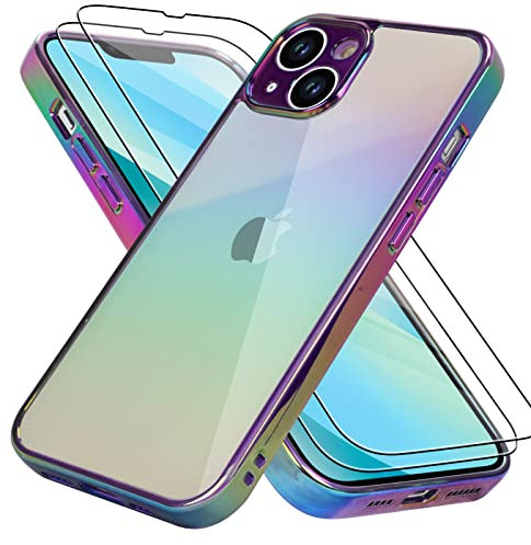 Bonoma Compatible with iPhone 13 Case Bling Laser Florescent Iridescent Crystal Luxury Camera Protector + 2* Screen Protector Shockproof Edge Cover -Clear