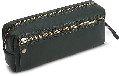 Wonderpool Leder Federmäppchen Stiftetasche Markerhalter für Schreibwaren Make-up Utensilien Organizer mit großer Kapazität und Seitentasche Reißverschluss für Männer und Frauen (Grün)