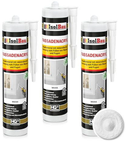Isolbau Fassaden-Acryl - Acryl-Dichtstoff mit Körnung zum Füllen von Rissen & Fugen im Innen- & Außenbereich - Weiß, 3 x 300 ml Kartusche