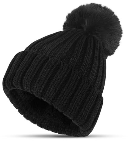 KEECOW Winter Hats for Women, Thermal Knitted Beanie Hats Warm Double Layer Fleece Line with Pom Pom for Ladies Ski Outdoor Sports (Black)