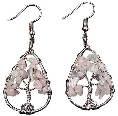 Stone Earrings,Natural Rose Quartz Gravel Drop Earrings With Wire Wrap Tree Of Life Teardrop Pendant Dangle Hook Earrings Crystal Balance Chakra Jewelry Gift For Girls Wife
