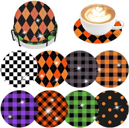 8 Pcs Halloween Plaid Diamond Art Painting Coasters Kits with Holder DIY Halloween Plaid Diamond Art Coaster Non Slip Coaster for Adults Holiday Diamond Painting Kits Supplies for Gift