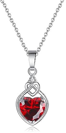 CERSLIMO Jewellery Set for Women - Garnet Diamond Heart Pendant Necklace, Dangle Earrings for Women & Adjustable Silver Rings Set | Jewellery Set for Girlfriend Wife Wedding Christmas Gifts for Her