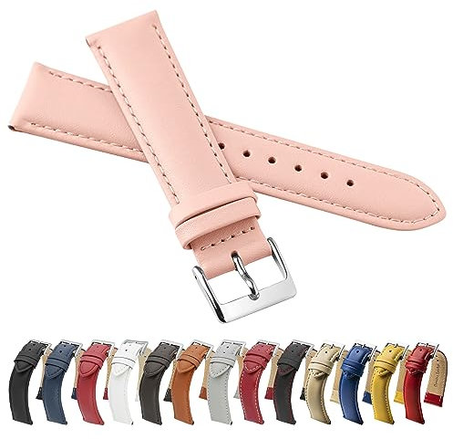 MARCHEL LLB Bracelet de Montre en Cuir Véritable Lisse, Cuir de Vache Fin, Rose, 18 mm, Classique