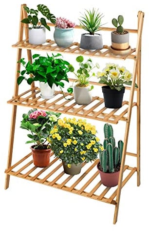 MAYMA Support de pots de fleurs en bois à 3 étages,Étagère à fleurs,Étagère à suspendre,Étagère à fleurs pliable pour plantes en bambou,Pour intérieur ou extérieur, jardin