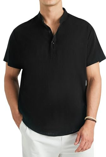 Enlision Mens Black Linen Shirt Short Sleeve Collarless Henley Shirts Button Down Summer Casual Lightweight Solid Color Banded Collar Beach Tops 2XL