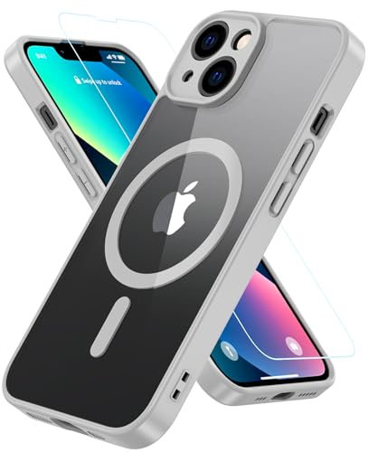 BESINPO Für iPhone 13 Hülle Kompatibel mit MagSafe mit Panzer Schutz Glas, Stoßfest Magnetisch Handyhülle iPhone 13 Case Dünn Kameraschutz Rückseite Transparent Cover Schutzhülle, Grau
