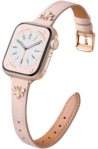 CeMiKa Bracelet Cuir Fin Compatible avec Apple Watch 38mm/40mm/41mm, pour Apple Watch SE/iWatch Series 10/9/8/7/6/5/4/3, Femmes et Hommes, Rose/Or Rose Abeille