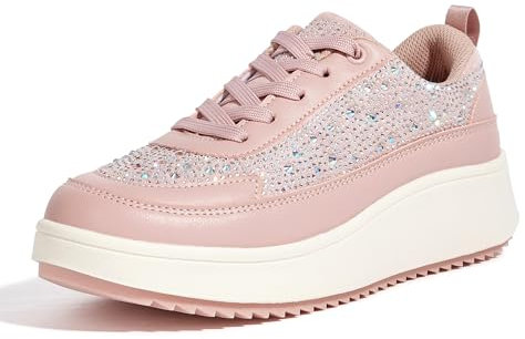 LUCKY STEP Baskets Tendance pour Femme - Chunky décontractées - Chaussures de Marche tressées rétro Scintillantes (Strass Rose, 7US-37EU-4UK)