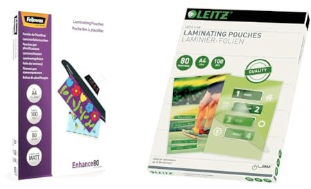 Fellowes 5452101 matte Laminierfolien Enhance 80 Mikron & Leitz Heißlaminierfolien A4 80 mic, Hochwertige Laminierfolien im 100er Pack