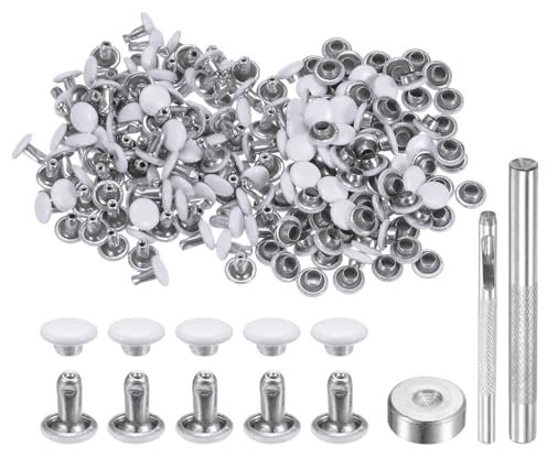 QUARKZMAN 100 Juegos Remaches de Cuero 6mm x 6mm Remaches de Metal de Doble Tapa Presión Broches Sujetadores Con 3 Instalación Herramientas para Cuero Manualidades Blanco