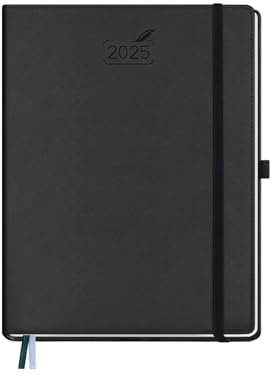 BEZEND Kalender 2025 Buchkalender ca.A4 28,5 x 21,5 cm | Terminplaner 2025 Wochenkalender 1 Woche 2 Seiten mit Monats-Register | Planer & Terminkalender A4 mit PU-Leder Hardcover - Schwarz
