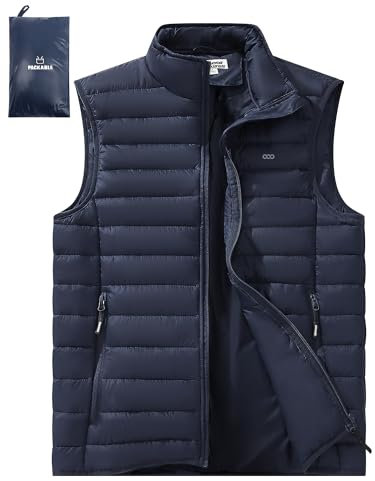 Outdoor Ventures Men's Puffer Gilet Packable Quilted Bodywarmer Padded Vest Outerwear Waistcoats Water-Resistant Windproof Sleeveless Jacket for Golf Running Hiking Horse Riding Dark Blue M