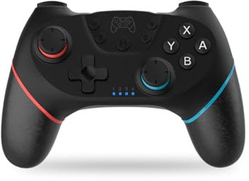 NK Mando Switch Inalámbrico - Switch/OLED/Lite/Pro con Función Wake, Ajustes Macro,Bluetooth, 6 ejes, Función Turbo, Dual Shock Doble Vibración, LED Indicadores - Color Negro (Rojo y Azul)
