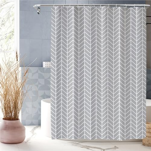 XUEDNGM Duschvorhang Anti Schimmel 90 x 200 cm Anpassbar, Wasserdicht Waschbar Antischimmel, Hochwertig, mit Haken Duschrollo für Badewanne Textil Duschvorhang, graue Wellen