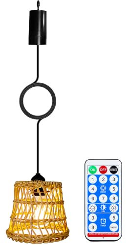 BORDEAG Lampada a Sospensione in Rattan, Lampada a Sospensione Con Telecomando, Lampada a Sospensione Portatile Rattan Boemia, Lampadario Boemia Esterna a Batteria per Patio Bar Giardino - Senza