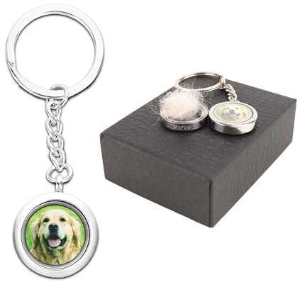 Personalisierte Pet Portrait Hund Schlüsselanhänger Haar Medaillon Schlüsselanhänger mit Foto Name, Haustier Asche Haar Memorial Keepsake, Pet Urnen Schlüsselanhänger für Hunde, Verlust von Hund