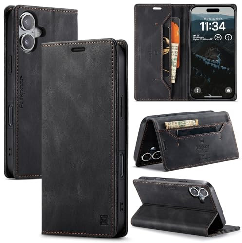 TOHULLE for iPhone 16 Case, Vintage Wallet Case Card Holder Kickstand Built-in Magnetic Flip Folio Leather Case for iPhone 16 - Black