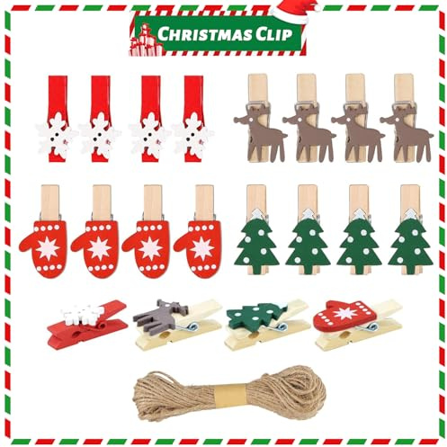 100 Stück Weihnachten Holz Clips, Weihnachtsdeko Holzklammern, Weihnachtsklammern Clips Dekorieren, mit 10 Meter Hanf Schnur, für Dekorieren Weihnachten, Fotowänden, Postkarten, Papiertüten