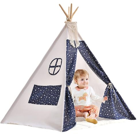 Tienda Teepee para niños Patrón Estrellado de la Carpa para niños con Cortina de Puerta y tragaluz 31.5x31.5x43 Pulgadas Corte de Lino de algodón de algodón con Borla para la Carpa de Juego para niño