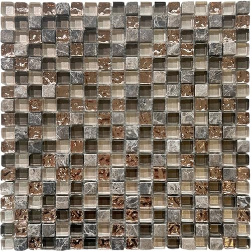 Mosaico in Vetro e Pietra, Piastrelle Decorative con tonalità di baige, Design a Cubo, per Bagno e Cucina (tortora)