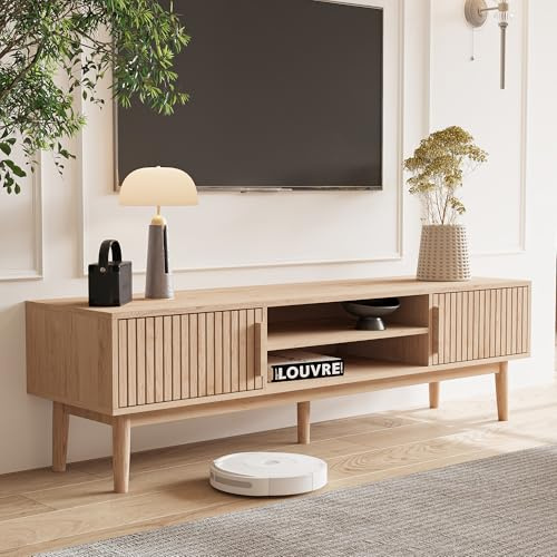 DAHUEN Gabinete de 150 cm de madera, TV con 2 puertas y 2 compartimentos abiertos, soporte para TV, mesa consola TV, muebles de TV para sala de estar o comedor, natural