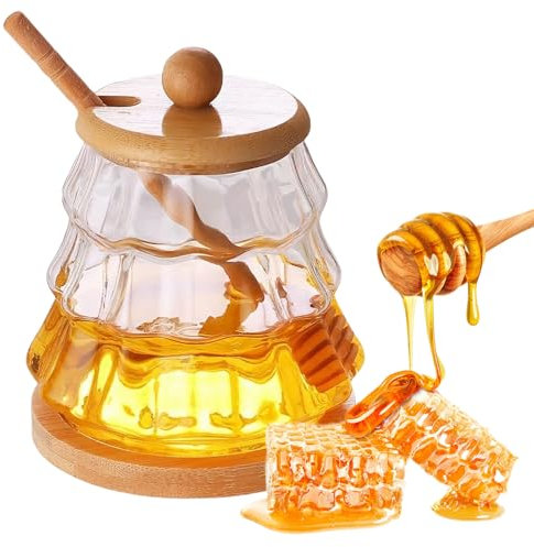Dzmuero Tarro para Miel, 300ML Dispensador de Miel, Cuchara Miel, Tarro de Miel de Madera con Tapa, Recipiente de Cristal Sellado, Tarro de Boca Ancha para Guardar