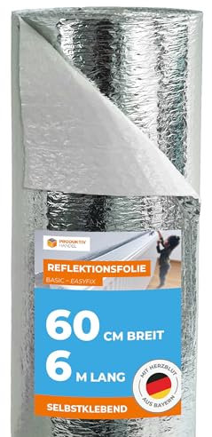 Reflektionsfolie selbstklebend 6 m x 60 cm | Heizkörper Reflexionsfolie als Isolierfolie zur Wärmedämmung | Alu Isolierfolie für Heizkörper | Dämmfolie gegen Hitze und Kälte