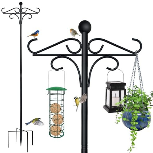 Bird Feeders Hanging Station, 196cm Bird Feeder Pole and Hangers Heavy Duty Metal Bird Feeding Station Stand, Shepherds Crook Hook for Lanterns, Light, Wild Bird Feeder