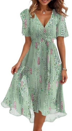 Robe De Soirée Longue Ete Cocktail De Cérémonie Mousseline Robe Longue Femme Chic Et Elegant Fleurie Boheme Vetement Ete Manches Courtes Fluide Portefeuille Summer Dress(Green à la Menthe,L)