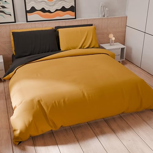 PETTI Artigiani Italiani - Double Duvet Cover Set 200 x 200 cm (2 Pillowcases 75 x 50 cm Included), Soft Microfibre Duvet Cover Set, Solid Colour Yellow Ochre - Black