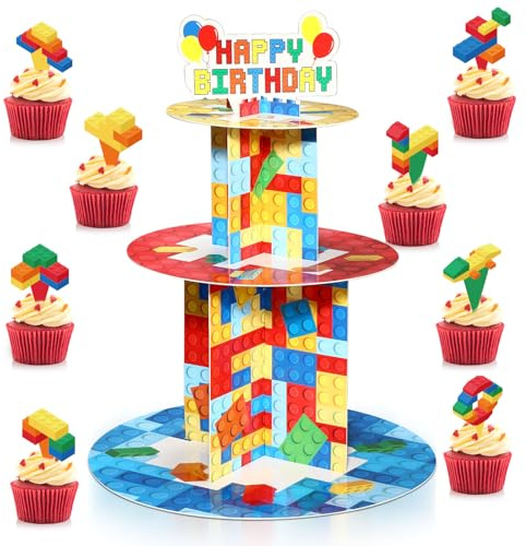 Zopeal Building Block Party Decoration 3 Tier Cupcake Stand with 24pcs Cupcake Toppers Colorful Blocks Birthday Cake Stand Holder Cardboard Dessert Tower for Brick Birthday Party Supplies Decoration