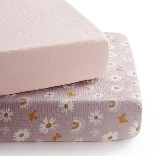 TILLYOU Musselin Spannbettlaken 2er Set Bettlaken Kinderbett 70x140 cm 100% Baumwolle Spannbettlaken Baby, Rosa Schmetterling