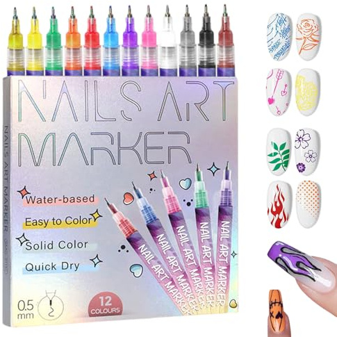 12 Colors Nail Art Pens Set, 2025 New 0.5MM Nail Art Markers, 3D Polish Pens, Quick-Dry Gel Nail Markers, Nail Polish Pens for Graffiti, Dotting, Liner & Painting, DIY Nails Art Tool (1 Set)