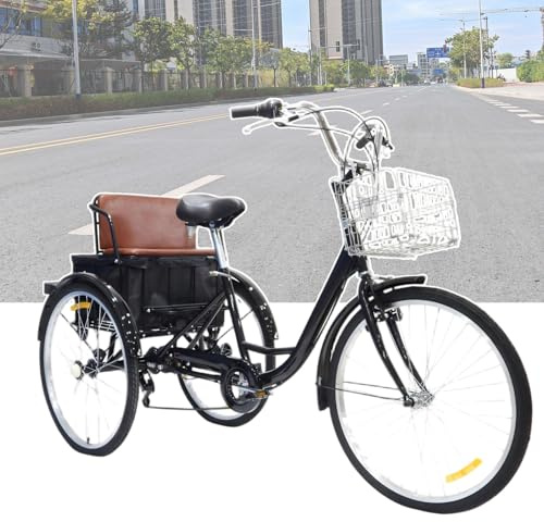 HTDRE 24-Zoll-Dreirad für Erwachsene, 24-Zoll-Fahrrad mit Muskelkraftantrieb, Korb und Rücksitz, geeignet für Männer, Frauen, Jung und Alt, für Picknicks, Einkäufe und die Arbeit