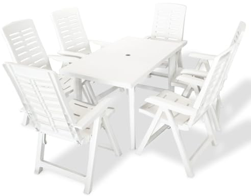 QJBSAVVA 7-TLG Kunststoff-Gartenset Weiß 126×76×72 cm Klappstühle verstellbare Lehne Sonnenschirmloch für Garten Balkon Terrasse Camping
