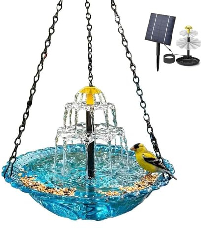 Solarbetriebener Hänge-Vogeltränken-Brunnen, Outdoor Großer Hänge-Vogelbad mit Solar-Pumpe & Glas-Schale, Kolibri-Badebrunnen zur Anlockung von Wildvögeln, Garten Balkon Terrasse Dekor