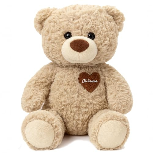 Ours en Peluche Doux 30cm avec cœur Texte Je t’Aime | Peluche Cadeau Enfant ou Adulte | Ourson décoratif Chambre | Couleur Crème