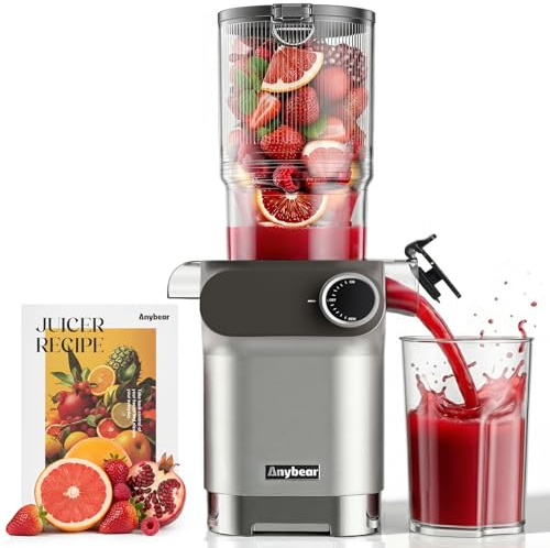 Anybear 200W Cold Press Juicer, 4.3 Whole Fruit Chute, Upgraded Auger | Silver, Slow Juicer Machine, Fit Whole Fruits/ Vegetables, Heavy-Duty Auger, Tritan Material, BPA Free, Juice Recipes