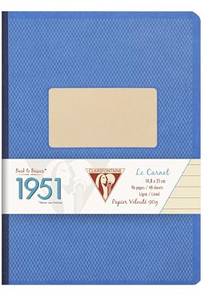 Clairefontaine 195946C Kladde 1951 Back to basics, 96 Blatt, liniert, DIN A5, 14,8 x 21 cm, mit gebundenem Einband und weichem Deckel, 1 Stück, blau