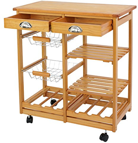 ZENY 4-Shelf Kitchen Storage Island Cart Rack Wood Dining Trolley w/Drawers Basket Stand Home Kitchen Shelves and Organizer w/Wheels