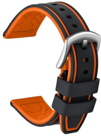 ULLCHRO Unisex Kautschuk Armband mit Gebürstete Edelstahl Silber Schnalle 22mm Schwarz Orange
