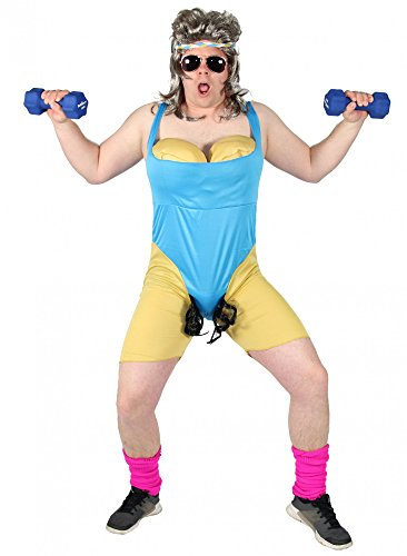 Foxxeo Lustiges Workout Arobic Kostüm mit XXL Busen und Stirnband für Männer I 80er 90er Jahre Bodysuit Herrenkostüm Junggesellenabschied Faschingskostüme Größe L