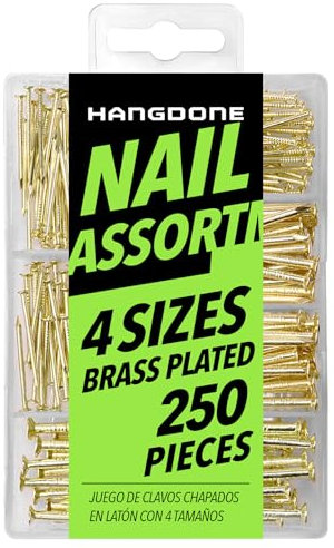 HangDone Nails Assortment 250-Pieces 4 Sizes, Brass Plated