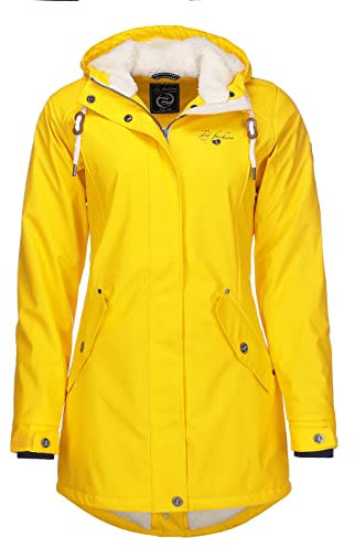 Dry Fashion Damen Regenmantel Malmö - Frauen Regenjacke Jacke mit Kapuze Lang Winddicht Wasserdicht Gefüttert mit Teddyfleece in Gelb Größe 48