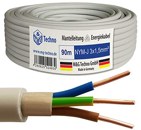 M&G Techno 90m NYM-J 3x1,5 mm² Mantelleitung Feuchtraumkabel Elektrokabel Kupfer Made in Germany, 10923, grau