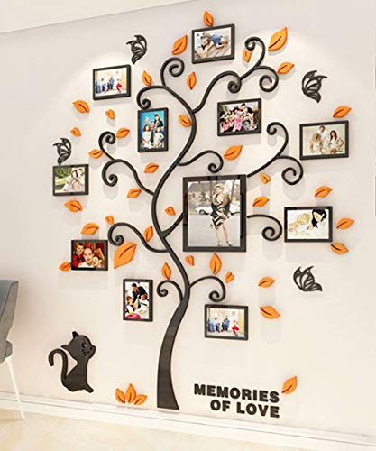 Wandaufkleber Baum Wandtattoo 3D DIY Familie Bilderrahmen Foto Sticker Familie Wandbilder Wandkunst für Hause Wohnzimmer Schlafzimmer (Orange,XL-190 * 156cm)
