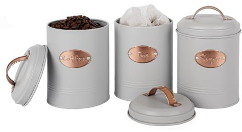 Innoteck Essentials Round Tea, Sugar, Coffee Canisters 3pc Set With Lids and Copper Decoration - Decorative Kitchen Food Storage Tin for your Favourite Food – Dia. 11cm x H15cm