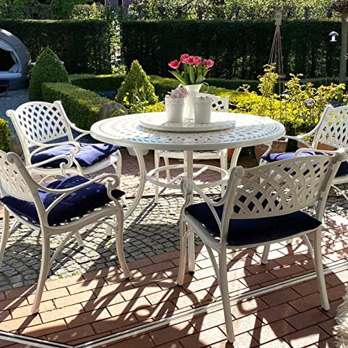Lazy Susan 120 cm Alice Gartentisch in Weiß mit 4 Kate Stühlen mit blauen Sitzkissen | Nachhaltiges Sandguss-Aluminium | Wetterfest | Rostfrei | Wartungsarm | 3 Jahre Garantie