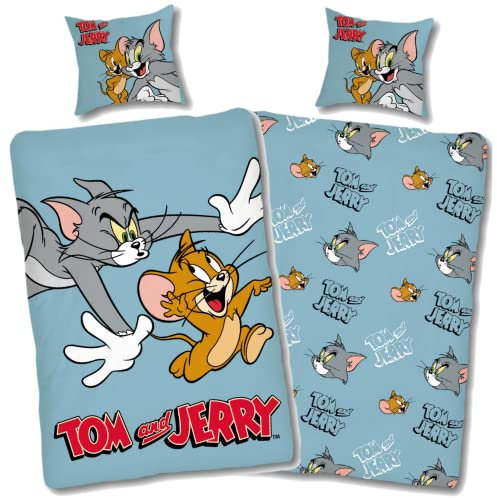 SkyBrands Tom and Jerry Bettwäsche Tom & Jerry 135 x 200 cm 80 x 80 cm Kissenbezug Baumwolle Kinderbettwäsche Set Wendemotiv Öko-Tex Standard Deutscher Händler